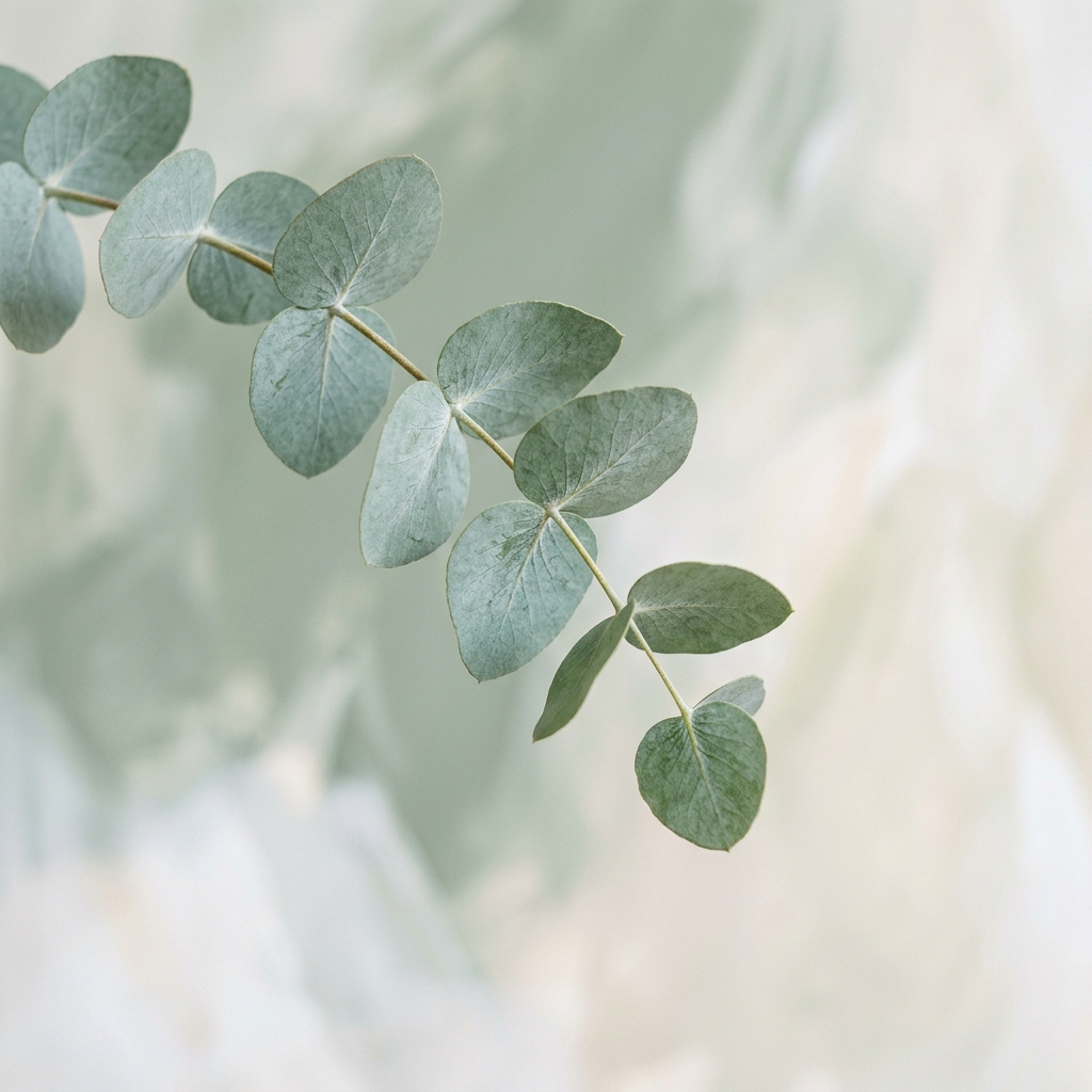 Calming minimalist eucalyptus leaves over a soft sage green background